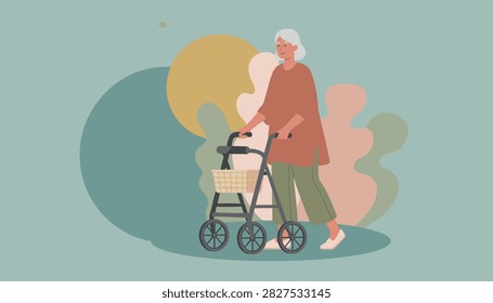 Elderly woman walking actively with a rolling walker walker against a warm abstract background of colorful leaf shapes.
