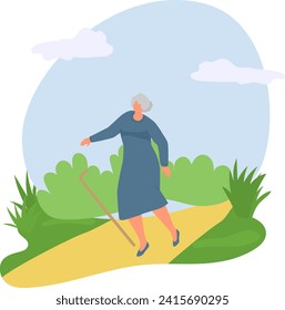 Elderly woman walking with cane on path in park. Senior female enjoys a leisurely stroll outdoors. Active aging and retirement leisure vector illustration.