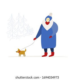 Elderly woman walking with dog in the forest. Winter season. Vector illustration