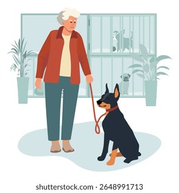 Elderly woman walking a dog with other dogs in shelter environment, suitable for adoption theme vector