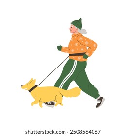 Elderly woman walking with dog. Sport activity outdoor, senior breathe fresh air with puppy pet. Cartoon healthy lifestyle, active longevity. Vector flat illustration isolated on white background