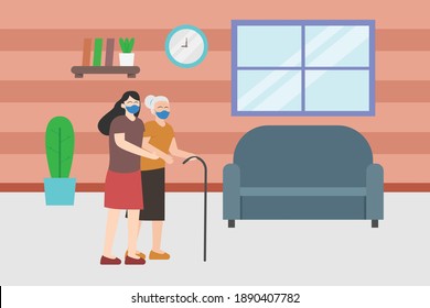 Elderly woman with walking stick 2D flat vector concept for banner, website, illustration, landing page, flyer, etc.