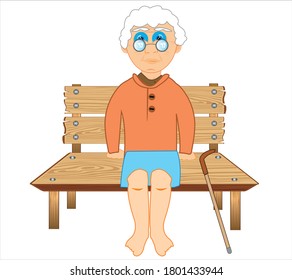 Elderly woman with walking stick sits on bench