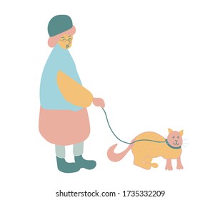 An elderly woman walks with a cat on a white background. Illustration with a people and an animal in flat style in pastel tones: blue, pink, orange. Design for banners, posters, web, social networks.