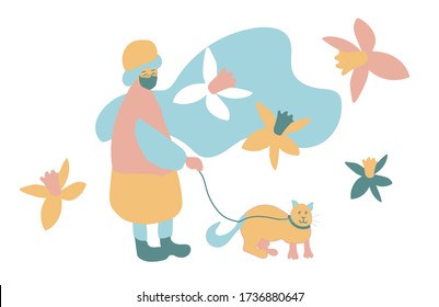 An elderly woman walks with a cat on a white background.Spring llustration with a people and an animal in flat style in pastel tones:blue,pink,orange. Design for banners,posters,web,social networks.