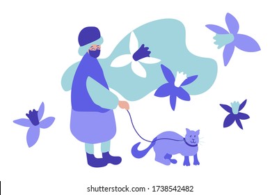 An elderly woman walks with a cat on a white background.Spring llustration with a people and an animal in flat style in cold shades of blue color. Design for banners,posters,web,social networks.