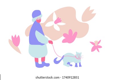 An elderly woman walks with a cat on a white background.Spring llustration with a people and an animal in flat style in shades of pink and blue color. Design for banners,posters,web,social networks.