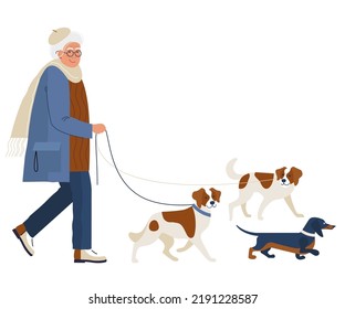 una anciana camina con un grupo de perros. la abuela activa en un paseo con sus mascotas está aislada en un fondo blanco. el estilo de vida de los pensionistas. plano plano. ilustración vectorial de stock. EPS 10.