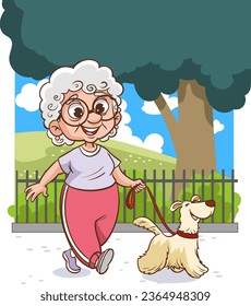 Elderly woman walks with her dog in the park. Cartoon vector illustration of a female person.