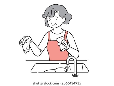 Elderly woman washing dishes in the sink