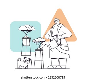 elderly woman watering flowers from watering can senior housewife taking care of house plants linear
