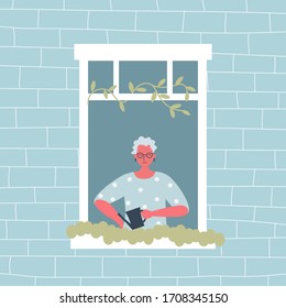 Elderly woman is watering flowers on a windowsill. The old woman at the open window. View from the street side. Funky flat style. Vector illustration