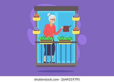 Mulher idosa regando seu jardim de varanda cheio de plantas e flores vibrantes. Mulher curtindo seu hobby de jardinagem em ambiente acolhedor, cercada por potes coloridos no dia ensolarado