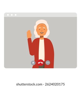 Elderly woman is waving her hand during a video call on a laptop screen, staying connected with loved ones