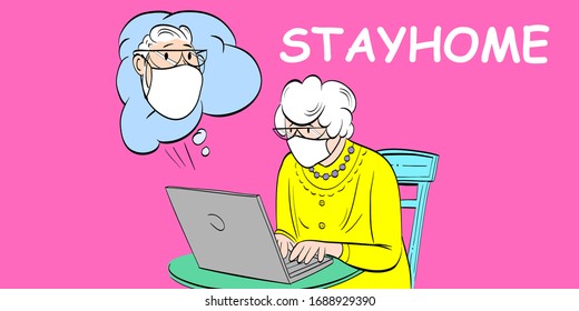 Elderly woman wearing antivirus mask communicates on the internet and sitting at home during quarantine. Stay home concept. Comics cartoon vector illustration.