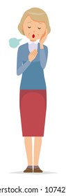 An elderly woman wearing blue clothes is sighing