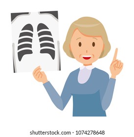 An elderly woman wearing blue clothes has an X-ray picture