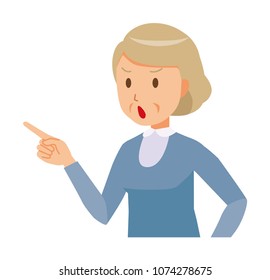 An elderly woman wearing blue clothes is angrily pointing to a finger