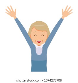 An elderly woman wearing blue clothes is putting up both hands