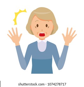 An elderly woman wearing blue clothes is surprised
