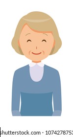 An elderly woman wearing blue clothes is smiling