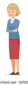 An elderly woman wearing blue clothes is depressed