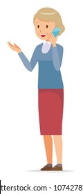 An elderly woman wearing blue clothes is calling by smart phone
