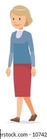 An elderly woman wearing blue clothes is walking