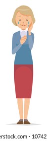An elderly woman wearing blue clothes is crying