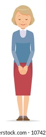 An elderly woman wearing blue clothes is bowing