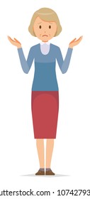An elderly woman wearing blue clothes is shrugging her shoulders