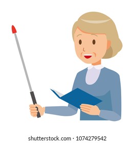 An elderly woman wearing blue clothes has a pointer