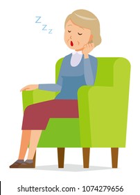 An elderly woman wearing blue clothes is sleeping on a sofa