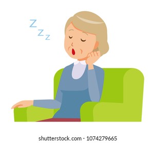 An elderly woman wearing blue clothes is sleeping on a sofa