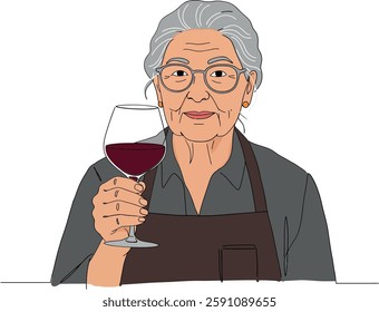 An elderly woman, wearing glasses and an apron, joyfully raises a glass of red wine, exuding warmth and hospitality.