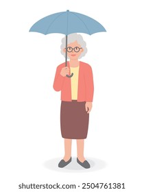 Elderly woman wearing glasses holding an umbrella, in happy mood.