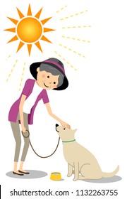 Elderly Woman Wearing A Hat Walking With A Dog