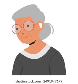 Mujer Mayor Usando Un Audífono Y Gafas Rojas. El Personaje Tiene El Pelo Gris Atado De Nuevo En Una Cola De Caballo Y Traje Blanco Negro. La Imagen De Vector Representa El Envejecimiento, Las Soluciones Para La Pérdida De Audición Y La Atención Médica Superior