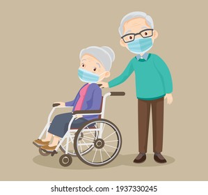 elderly woman wearing Medical mask sit in a wheelchair and the old man stand near. Couple of elderly people. Grandpa near grandmother in wheelchair.