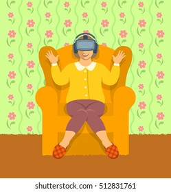 Elderly woman wearing virtual reality glasses. Old lady put on VR headset sitting in chair at home. Vector cartoon illustration. Granny playing augmented reality video game. Modern seniors activity