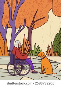 Elderly woman wheelchair autumn park dog companionship serene outdoor scene vibrant trees leaves colorful nature digital art