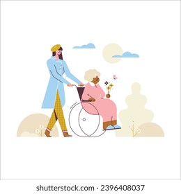 Elderly woman in a wheelchair with a caregiver. Vector illustration