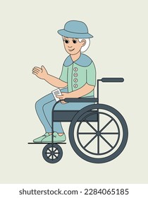Elderly woman in a wheelchair. Disabled character cartoon style. Vector color illustration.