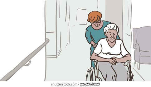 Elderly woman in a wheelchair in an EHPAD pushed by a nurse