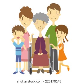 An elderly woman in wheelchair with family