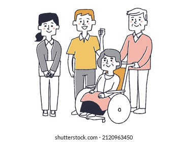 An Elderly Woman In A Wheelchair, A Family Member, And A Caregiver, A Comical Handwritten Illustration Of A Person, And A Simple Coloring Of A Vector Line Drawing.