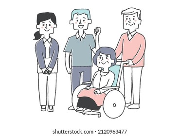 An Elderly Woman In A Wheelchair, A Family Member, And A Caregiver, A Comical Handwritten Illustration Of A Person, And A Simple Coloring Of A Vector Line Drawing.