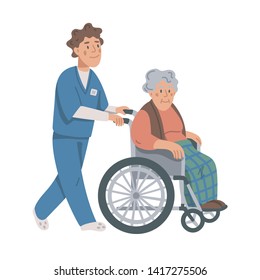 Elderly woman in wheelchair and male nurse on white background. Social worker walking with grandmother in a wheelchair. Nursing home. Senior people flat Vector illustration