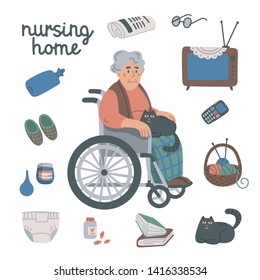 Elderly woman in wheelchair and nursing home items on white background, medical care concept. Nursing home. Senior people healthcare assistance flat Vector illustration