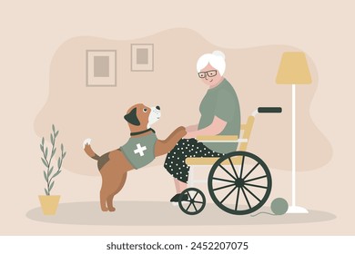 Mujer mayor en silla de ruedas jugando con un perro adorable. La abuela vive una vida plena a pesar de su discapacidad y disfruta de los momentos. Anciano que recibe terapia asistida con animales. Ilustración vectorial plana